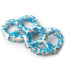 White Chocolate Covered Pretzels with Blue Pearls