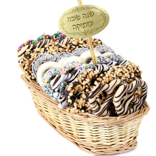 Rosh Hashanah Chocolate Pretzel Gift Basket • Rosh
