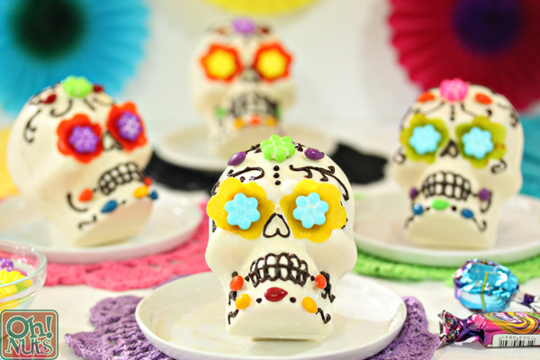 White Chocolate Skulls for Halloween or Dia de los Muertos | From OhNuts.com