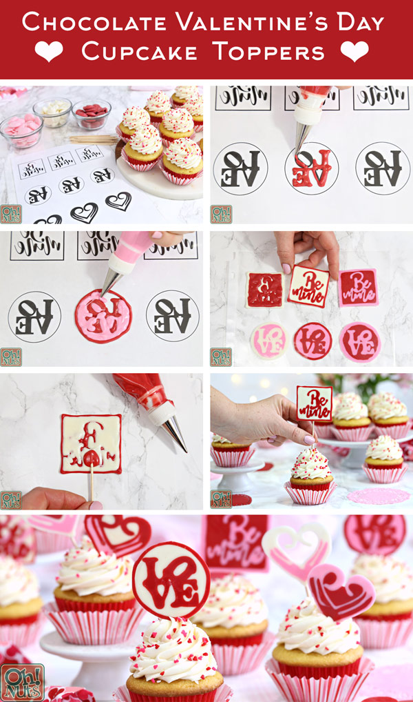 How to Make Chocolate Valentine's Day Cupcake Toppers - cute and easy edible decorations for Valentine's Day Cupcakes! | From OhNuts.com