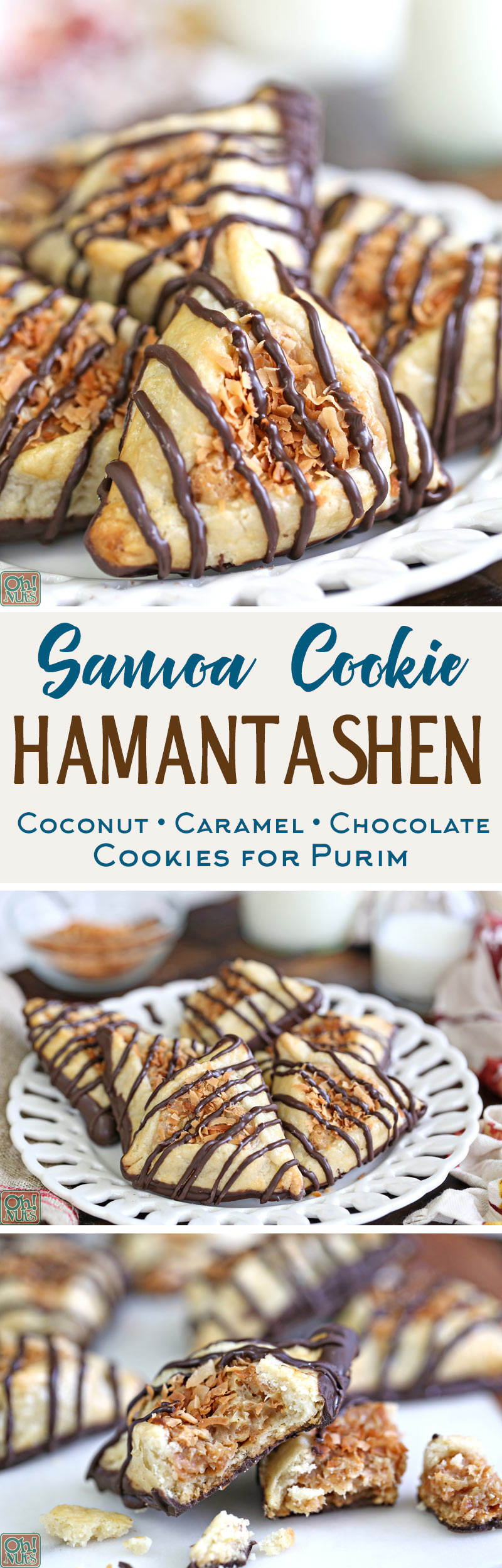 Samoa Cookie Hamantashen - Purim cookies with caramel, toasted coconut, and chocolate | From OhNuts.com
