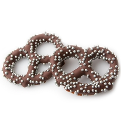 Belgian Dark Chocolate Covered Pretzels with Silver Pearls