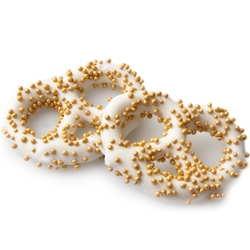 White Chocolate Covered Pretzels with Gold Pearls