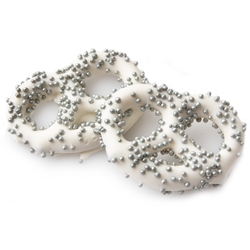 White Chocolate Covered Pretzels with Silver Pearls