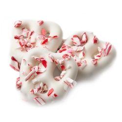 White Chocolate Covered Mini Pretzels with Crushed Peppermint