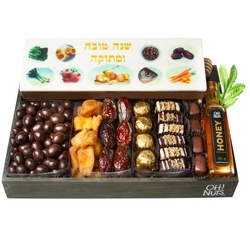 Rosh Hashanah Wood Chocolate Log Line Up Gift Basket