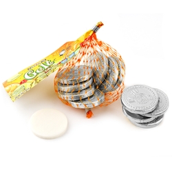 Hanukkah Green Apple Taffy Gelt Mesh Bags Silver Coins - 22CT Box