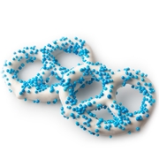 White Chocolate Covered Pretzels with Blue Pearls