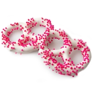 White Chocolate Covered Pretzels with Pink Pearls