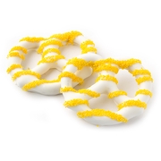 White Chocolate Covered Pretzels with Yellow Nonpareils