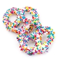 White Chocolate Covered Pretzels with Rainbow Sprinkles
