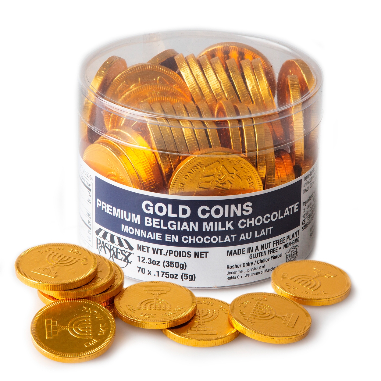 Nut Free - Dairy Chocolate Coins Tub - 12.3oz Tub • Chanukah Gelt / Chocolate Coins • Hanukkah Gifts, Chocolate and Baskets • Oh! Nuts®